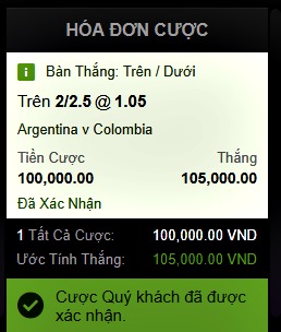 Tài xỉu trận Argentina vs Colombia tại nhà cái 188bet vòng bảng Copa America 2019