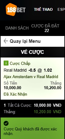 Hóa đơn cược kèo trận Real vs Ajax tại nhà cái 188bet Việt Nam