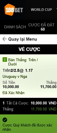 Cược tài xỉu trận Nga vs Uruguay tại nhà cái 188bet