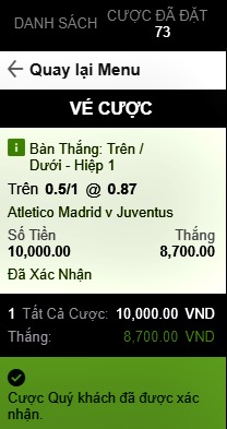 Tài xỉu hiệp 1 trận Atletico Madrid vs Juventus tại nhà cái 188bet