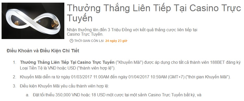 Khuyến mãi thắng liên tiếp lên đến 3 triệu đồng tại Casino trực tuyến tại 188Bet