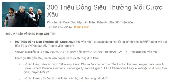 Khuyến mãi 188Bet 300 triệu cược xiên