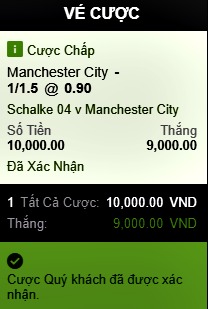 Hóa đơn cược kèo trận Man City vs Schalke tại nhà cái 188bet