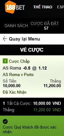 Hóa đơn đặt cược kèo Roma chấp Porto kèo 1/2 tại nhà cái 188bet