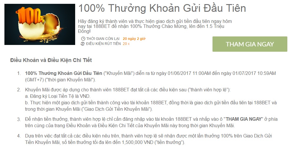 Nhận 1,5 triệu đồng tiền khuyến mãi 188Bet